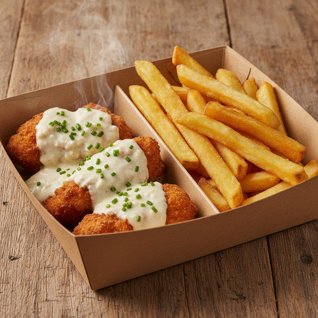 Barquette de poulet à la crème et frites maison